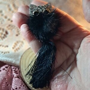 Sparkly Silvertone Owl Brooch w/ Black Faux Fur & Tassel